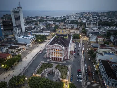 Beautiful aerial view to historic Amazonas Theater building xkwx am, Aerial Photo, Aerial View, Amazonas, Amazonas Theater, Architecture, BR, Brasil, Brazil, Capital, Capital City, Dusk, From Above, Landscape, Largo de SÃ£o SebastiÃ£o, Manaus, Norte, North, Northern Region, Sao Sebastiao Square, Scenario, Scenic, South America, Sunset, Teatro Amazonas, Tourism, Travel, Tropical, State of Amazonas, No People