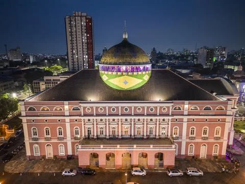 Beautiful aerial view to historic Amazonas Theater building xkwx am, Aerial Photo, Aerial View, Amazonas, Amazonas Theater, Architecture, BR, Brasil, Brazil, Capital, Capital City, Dusk, From Above, Landscape, Largo de SÃ£o SebastiÃ£o, Manaus, Night Photography, Norte, North, Northern Region, Sao Sebastiao Square, Scenario, Scenic, South America, Sunset, Teatro Amazonas, Tourism, Travel, Tropical, State of Amazonas, No People