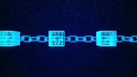 23-4K 3D render block chain concept. Binary numbers inside cubes connected w Stock Footage 146807399