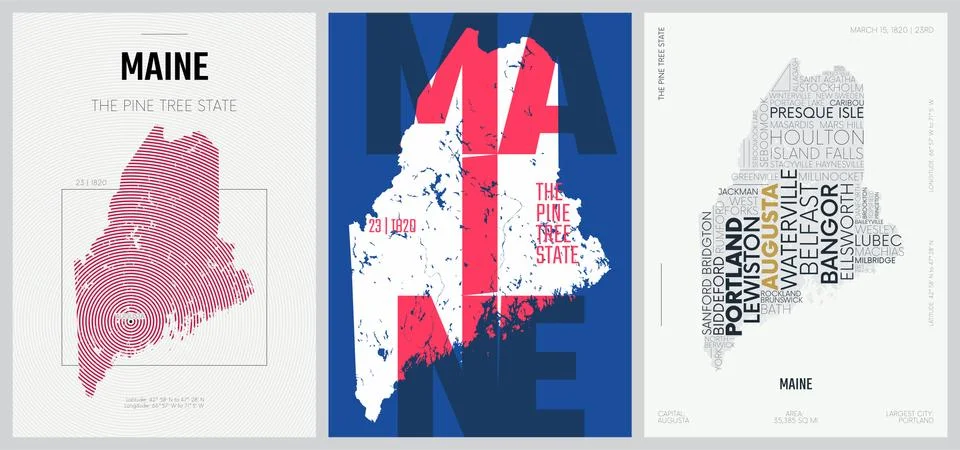 23 of 50 sets, US State Posters with name and Information in 3 Design Styles, Illustrazione stock