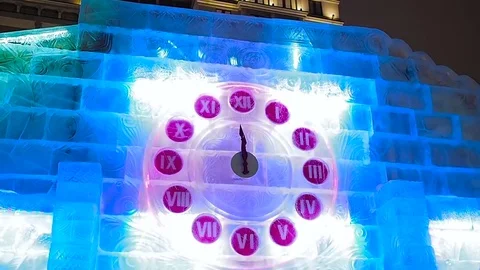 23-59 on Christmas clock in ice. New Year moment Video stock 71158619