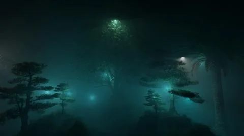 23. Light in the night forest - Beautiful scenery in the magical forest Illustrazione stock