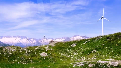 2363 Meter in Gütsch with Panoramic View over a Wind Farm on the Swiss Alps Stockbeeldmateriaal 283383060