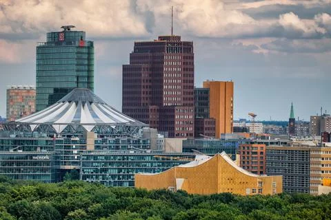 Berlin, Germany - August 4, 2021 - Downtown skyline of the capital city with Sony Center, skyscrapers and Berlin Philharmonic Orchestra building (Berliner Philharmonie). xkwx berlin, city, downtown, skyline, skyscraper, sony center, center, tower, germany, towers, philharmonic, orchestra, berliner philharmonie, skyscrapers, centre, highrise, tall, modern, architecture, central, district, capital, europe, european, landmark