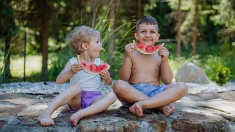 Little chidren sitting near a lake and eating watermelon on hot sunny day during summer vacation. xkwx happiness, watermelon, fruit, kid, happy, green, nature, red, food, fun, picnic, healthy, outdoor, joy, health, juicy, eat, girl, childhood, slice, boy, nutrition, cute, sweet, smile, little, eating, cheerful, snack, summertime, caucasian, meal, enjoy, outside, melon, garden, water, delicious, friend, refreshment, holiday, brother, sister, freshness, warm, preschool, siblings