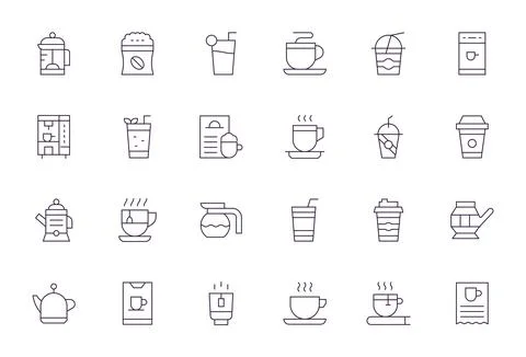 24 128x128 Display Perfect Vector Icons for Hot Drink in Thin Line Theme Stock Illustration