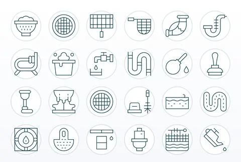 24 128x128 Thin Line Pixel Aligned Vector Icons for Drain Projects Stock Illustration
