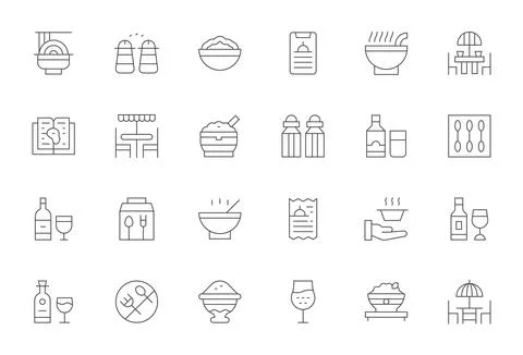 24 128x128 Thin Line Vector Icons optimized for Dining Pixel Aligned display Ilustración de archivo