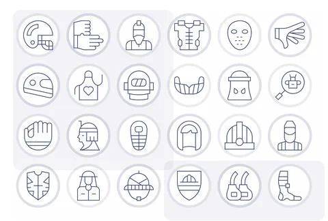24 128x128 Thin Line Vector Icons for Protective Gear with Detail Enhanced .. Stock Illustration