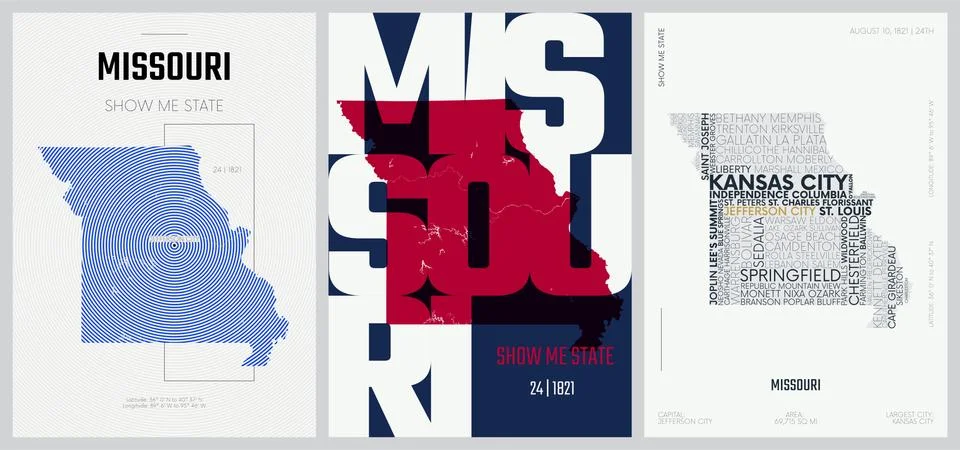 24 of 50 sets, US State Posters with name and Information in 3 Design Styles, Stock-Illustration