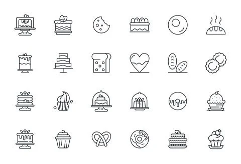 24 64x64 Display Perfect Vector Icons for Pastry in Bold Line Theme Stock Illustration