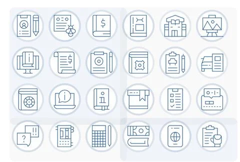 24 64x64 Grid Fitted Vector Icons for Documentation in Thin Line Theme Illustrazione stock