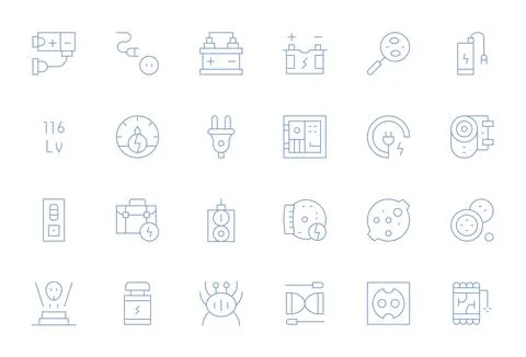 24 64x64 Pixel Aligned Vector Icons for Power Supply in Thin Line Theme Stock Illustration