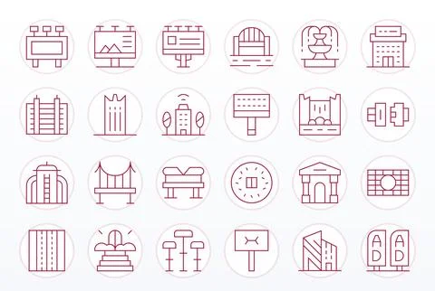 24 64x64 Thin Line Vector Icons for Urban Design with Pixel Optimized precisi Illustrazione stock