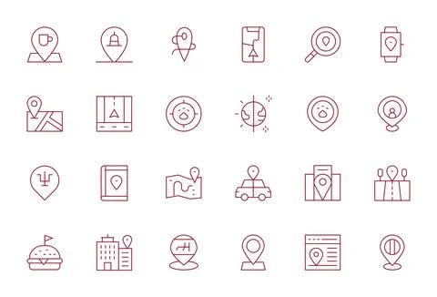 24 64x64 Thin Line Vector Icons optimized for Pinpoint Location Pixel Align.. Stock Illustration