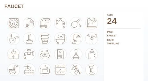 24 64x64 Thin Line Vector Icons optimized for Faucet Pixel Optimized display Illustrazione stock