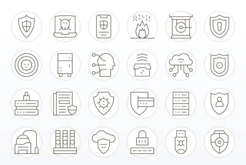 24 64x64 Vector Icons for Cybersecurity in Display Perfect Thin Line Format Stock Illustration