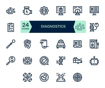 24 64x64 Vector Icons for Diagnostics in Editable Bold Line Format Stock Illustration