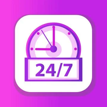 24 7 Clock icon, flat design. Watches 24h, 7 days a week isolated on white Stock Illustration
