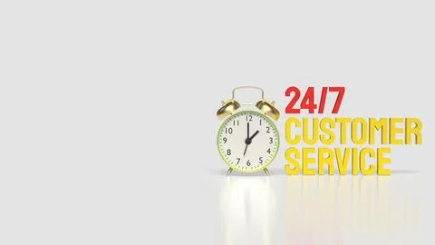 24 7 Customer Service Concept With Alarm Clock And Bold Yellow Text 3d render Stock Photos