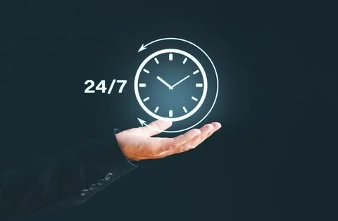 24-7 hour clock on hand nonstop client service concept. Businessman show virt Stock Photos