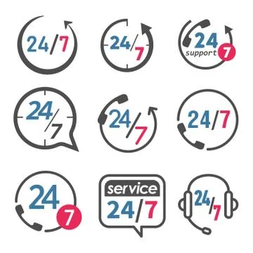 24 7 icon. open 24 hours a day and 7 days a week icons 24/7 Stock Illustration