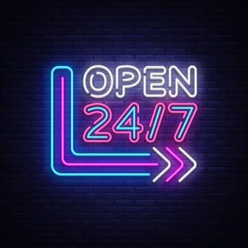 24 7 Neon Sinboard Vector. Open all day neon sign, design template, modern trend Stock Illustration