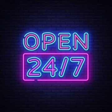 24 7 Neon Sinboard Vector. Open all day neon sign, design template, modern trend Stock Illustration