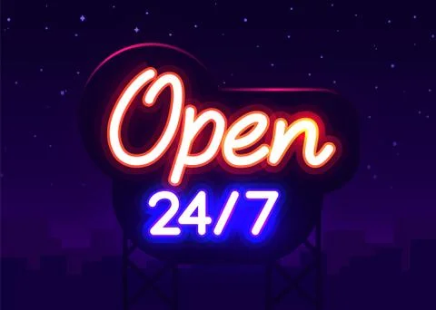 24 7 Neon Sinboard Vector. Open all day neon sign, design template, modern trend Stock Illustration