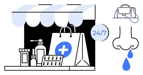 24 7 Pharmacy Services with Medication and Flu Care Items for Health and We.. Stock Illustration
