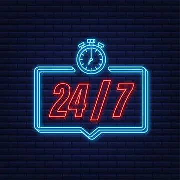24-7 service concept. 24-7 open. Neon icon. Support service icon. Vector stock Illustrazione stock