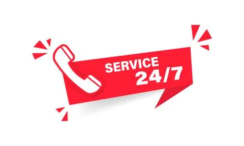 24 7 Service red label. Web banner. Phone icon. Vector on isolated white back Stock Illustration
