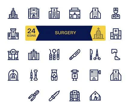 24 Bold Line Pixel Aligned Designs for Surgery 128x128 Vector Icons Stock Illustration