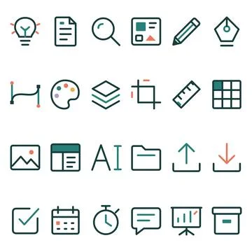 24 creative workflow line icons for design tools, planning, feedback, file .. Stockillustratie