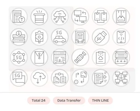 24 Data Transfer Pixel Aligned Vector Icons in 64x64 Thin Line Aesthetic Stock Illustration