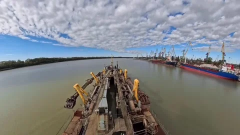 24 december, 2025. Technical vessel on the Danube River Stock Footage 334611755