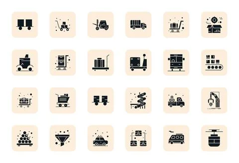 24 Detail Enhanced Filled Vector Icons designed for Conveyance Interface Stock Illustration