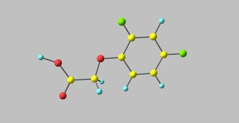 2,4-Dichlorophenoxyacetic acid molecular structure isolated on grey backgroun Stock Illustration