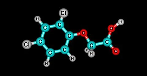 2,4-Dichlorophenoxyacetic acid molecular structure isolated on black backgrou Stock Illustration