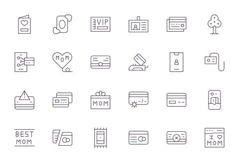 24 Display Perfect Vector Icons themed around Card in 64x64 Thin Line format Stock Illustration