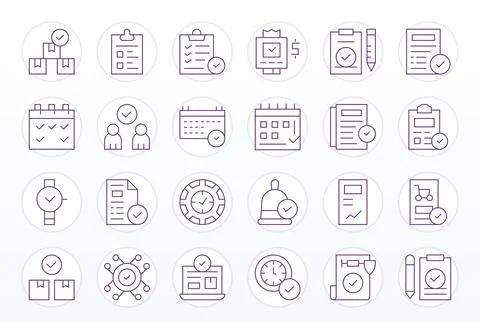 24 Editable Vector Icons themed around Completed in 64x64 Thin Line format Stock Illustration