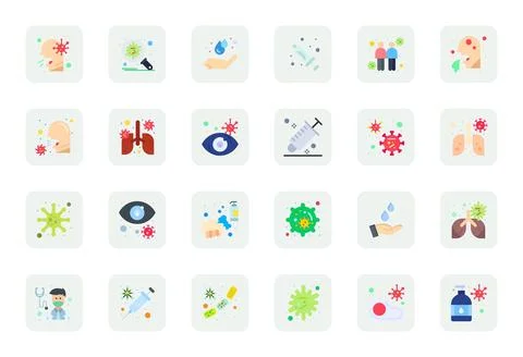 24 Flat Vector Icons for Flu in crisp 128x128 Pixel Aligned resolution Stock Illustration