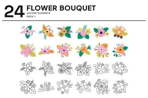 24 Flower Bouquet Vector Elements Stock Illustration