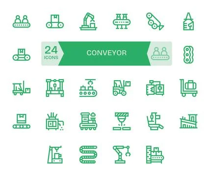 24 Grid Fitted 64x64 Vector Icons for Conveyor in elegant Bold Line design Stock Illustration
