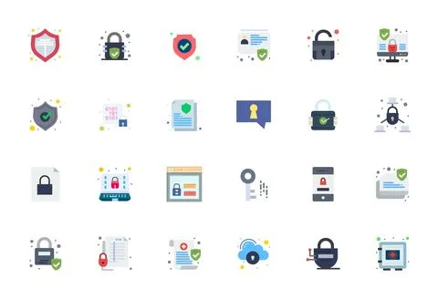 24 Grid Fitted Flat Vector Icons from Protected Data Collection Stock Illustration