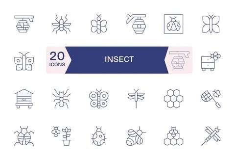 24 Grid Fitted Retina Ready Vector Icons for Insect in elegant Thin Line desi Stock Illustration