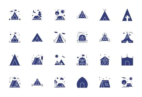 24 Grid Fitted Vector Icons themed around Tent in 64x64 Filled format Stock Illustration
