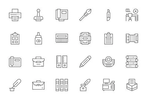 24 High Resolution Pixel Optimized Vector Icons for Office Supplies in Thin.. Stock Illustration