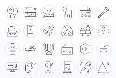 24 High Resolution Thin Line Vector Icons for Music with PIXEL Perfect prec.. Stock Illustration