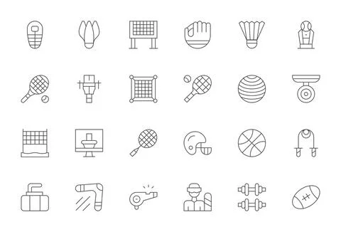 24 High Resolution Thin Line Editable Vector Icons for Sports Equipment Pro.. Stock Illustration